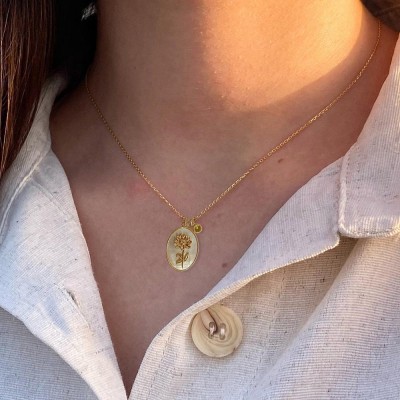Personalized Dainty Birth Month Flower Mother Shell Gold Necklace With Birthstone For Mom