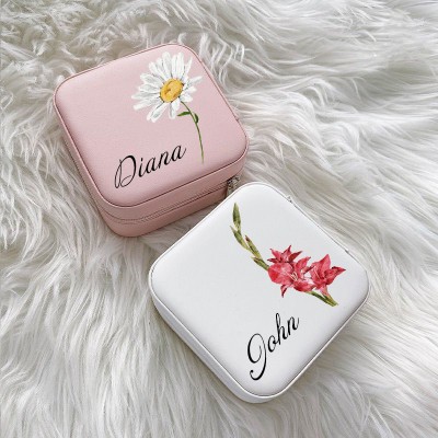 Personalized Birth Flower Jewelry Travel Box Bridesmaid Gift Case With Name