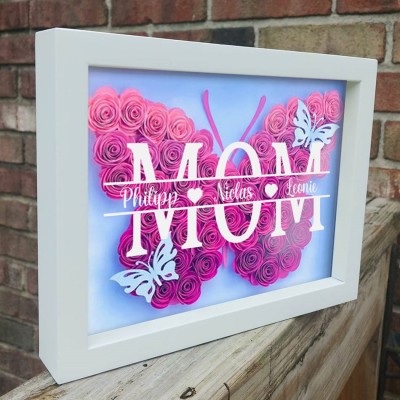 Custom Butterfly Mom Flower Shadow Box With Kids Name For Mother's Day Gift Ideas