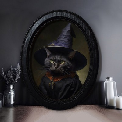 Halloween Vintage Cat Witch Wood Frame Home Living Decor