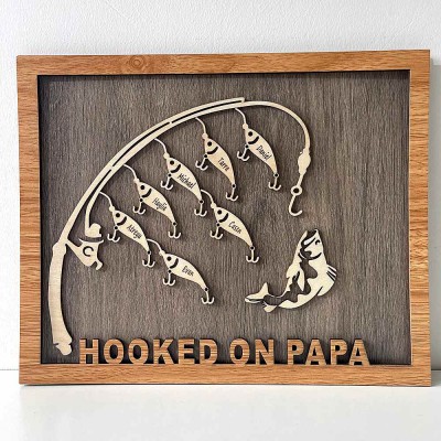 Hooked on Papa Dad Grandpa Personalized Fishing Trip Sign With Kids Name For Father's Day