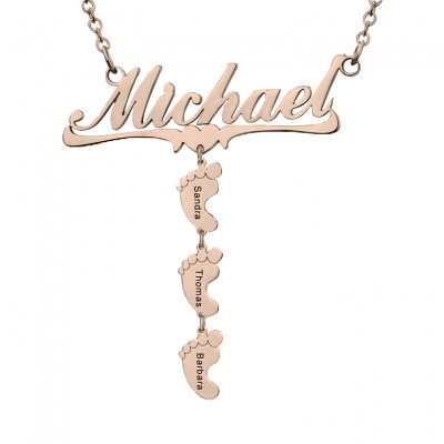 18K Rose Gold Plating Personalized Mom Name Necklace With 1-10 Baby Feet Charms