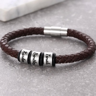 Personalized 1-10 Beads Engraving Name Brown Leather Bracelet Gifts for Him