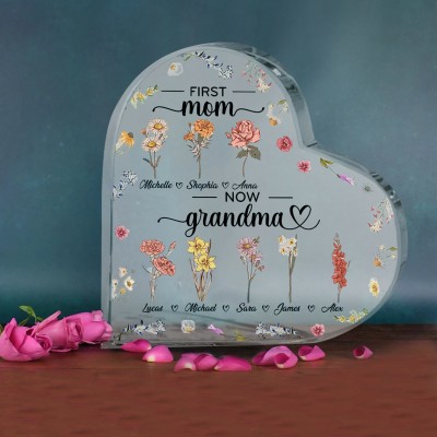 First Mom Now Grandma Custom Birth Flower Acrylic Plaque Home Decor For Mom Grandma Gift Ideas