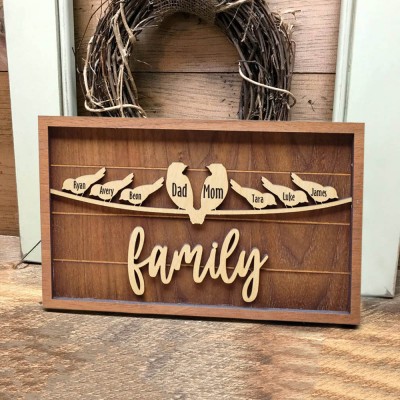 Bird Family Wood Sign With Name Engraved Home Decor Custom Gift for Mother's Day Christmas