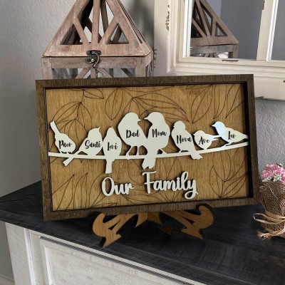 Bird Family Wood Sign With Name Engraved Home Decor Custom Gift for Mother's Day Christmas