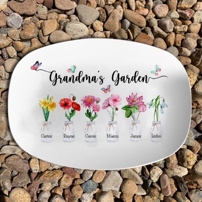 Custom Birth Month Flower Platter With Grandkids Name Grandma's Garden For Mother's Day Christmas