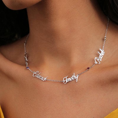 Silver Personalized Name Necklace With 1-6 Names and Birthstones