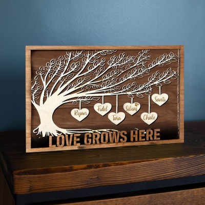 Custom Wooden Family Tree Sign With Name Engraved Home Decor For Mother's Day Christmas Love Grows Here