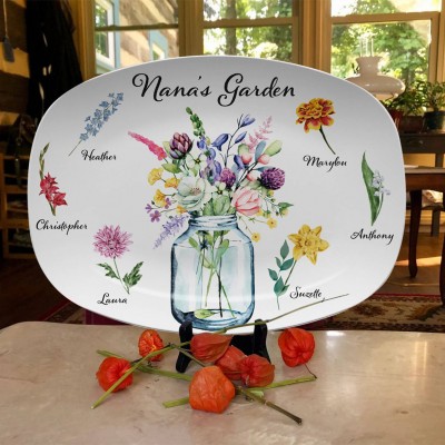 Personalized Nana's Garden Platter With Grandchildren Name and Birth Flower For Mother's Day