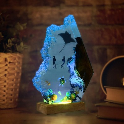 Resin Ocean Wood Lamp Manta Rays and Couple Diver Home Decor Christmas Gift