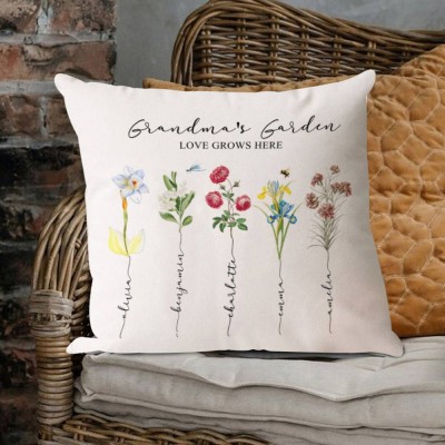 Personalized Grandma's Garden Pillow With Grandkids Names & Birth Month Flowers For Mother's Day