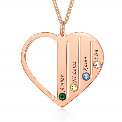 18K Rose Gold Plating Personalized Family Engraved 1-7 Birthstones and Name Necklace