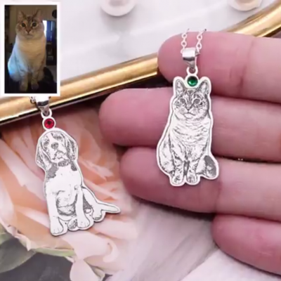 Personalized Pet Dog Cats Photo Necklace With Birthstone  