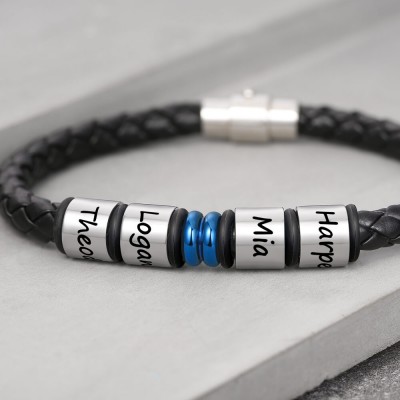 Custom 1-10 Beads Braid Name Black Leather Bracelet