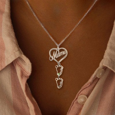 Silver Personalized Mama Heart Pendant Birthstones Name Necklace with 1-10 Hollow BabyFeet Charms