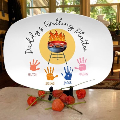 Personalized BBQ Daddy's Grilling Plate With Kids Name and Handprints For Father's Day