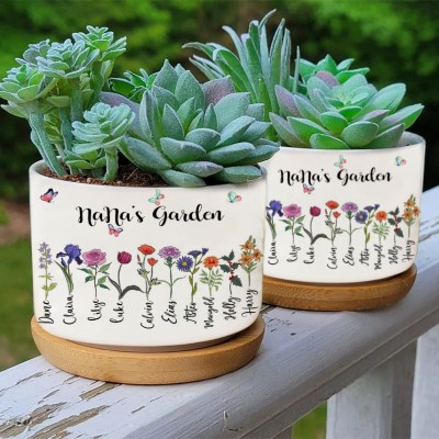 Custom Nana's Garden Plant Pot With Grandkids Name and Birth Month Flower For Mother's Day