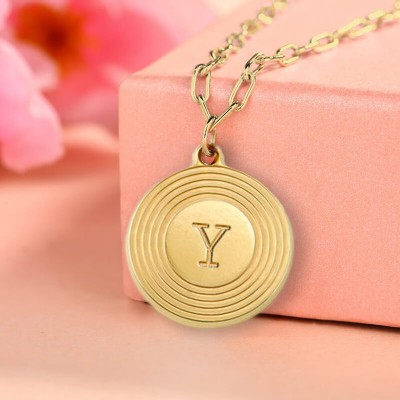18K Gold Plating Personalized Engraved Initial Round Pendant Link Chain Necklace Layering Charms Gift For Her