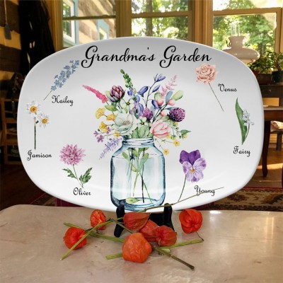 Personalized Grandma's Garden Platter With Grandchildren Name and Birth Flower For Mother's Day