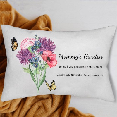 Custom Mommy's Garden Birth Flower Family Bouquet Pillow With Kids Name For Christmas Mother's Day