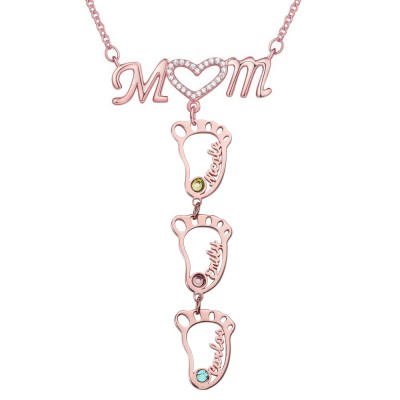 Personalized 1-10 Hollow BabyFeet Name Mom Necklace With Birthstones