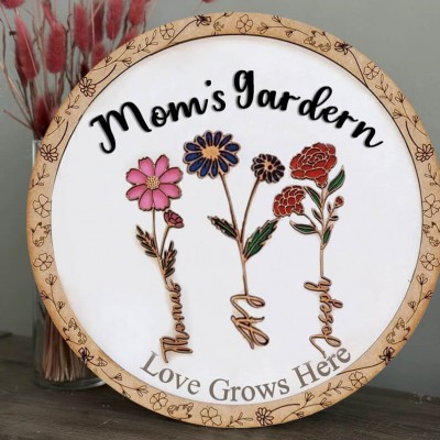 Custom Mom's Garden Birth Flower Wood Sign With Kids Names For Mother's Day Chirstmas