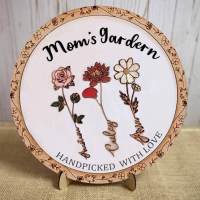 Custom Mom's Garden Birth Flower Wood Sign With Kids Names For Mother's Day Chirstmas
