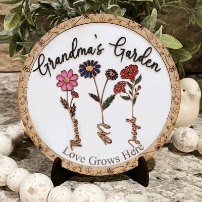 Custom Grandma's Garden Birth Flower Wood Sign With Grandkids Names For Mother's Day Chirstmas