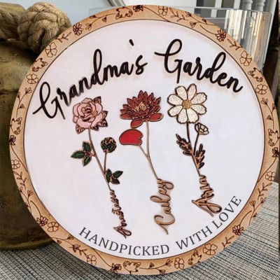 Custom Grandma's Garden Birth Flower Wood Sign With Grandkids Names For Mother's Day Chirstmas