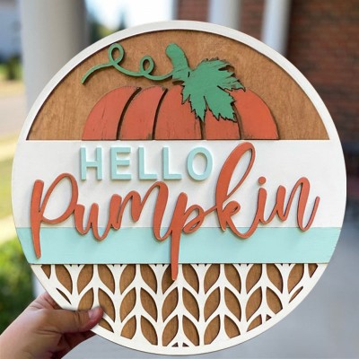 Hello Fall Pumpkin Door Hanger Farmhouse Entry Way Wall Home Decor Welcome Sign