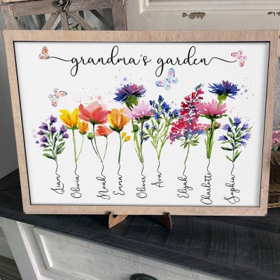 Personalized Grandma's Garden Frame Sign With Grandkids Names and Birth Flower Unique Mother's Day Gift