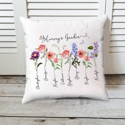 Personalized Mommy's Garden Pillow Birth Month Flower With Kids Name For Mother's Christmas Day