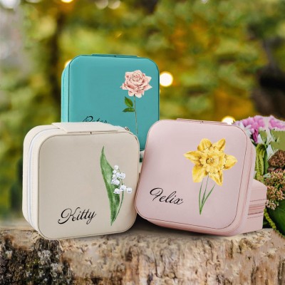 Personalized Birth Flower Jewelry Travel Box Bridesmaid Gift Case With Name