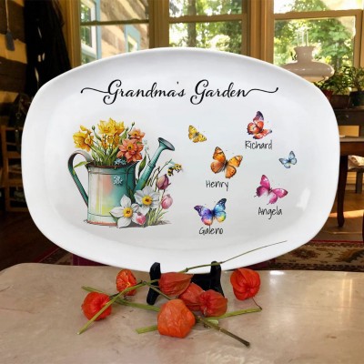 Personalized Grandma's Garden Butterfly Flower Platter With Grandkids Name For Mother's Day Christmas