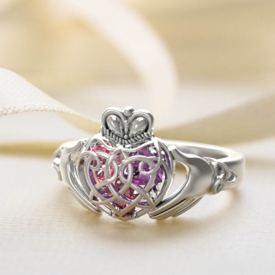 S925 Sterling Silver Personalized Caged Hearts Celtic Claddagh Ring with 1-6 Birthstones