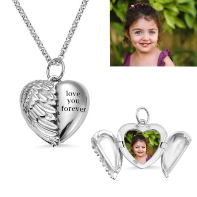 Personalized Angel Wings Heart Engraving Photo Necklace