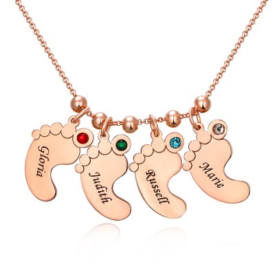 Personalized 1-6 Baby Feet Engravable Charms Name Necklace With Birthstone