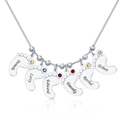 Silver Personalized 1-6 Baby Feet Engravable Charms Name Necklace With Birthstone