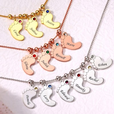 Personalized 1-6 Baby Feet Engravable Charms Name Necklace With Birthstone