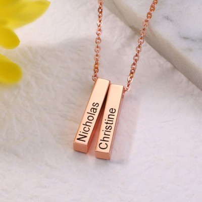 18K Rose Gold Plating Personalized Vertical Short 3D Engraved Bar Name Necklace