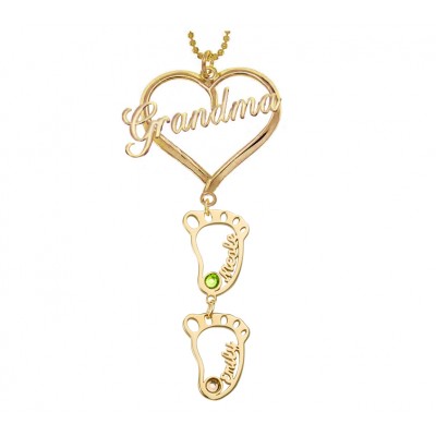 Personalized Grandma Heart Pendant Birthstones Name Necklace with 1-10 Hollow BabyFeet Charms