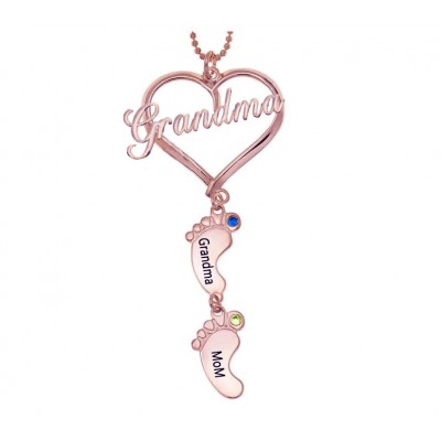 Personalized Grandma Heart Baby Feet Pendant Birthstone Name Necklace with 1-10 Charms