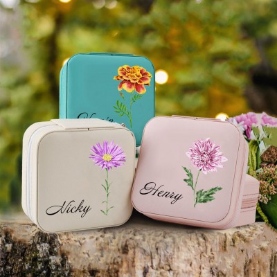 Personalized Birth Flower Jewelry Travel Box Bridesmaid Gift Case With Name