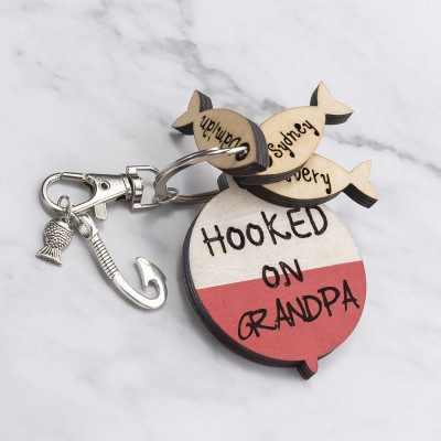 Father's Day Personalized Fishing Keychain With Kids Name We're Hooked on Grandpa