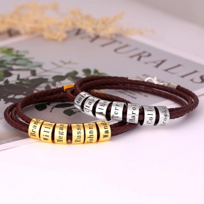 Personalized Beads Engraving Name Leather Bracelets With 1-10 Beads Gifts for Him