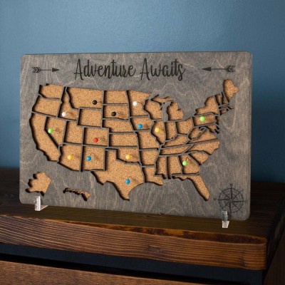 Custom USA Travel Map Wood Sign Adventure Awaits For Couples Anniversary Valentine's Day
