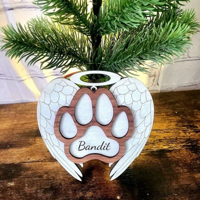 Personalized Wood Pet Paw Memorial Ornament with Angel Wings Name Engraved