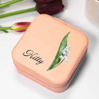 Personalized Birth Flower Jewelry Travel Box Bridesmaid Gift Case With Name