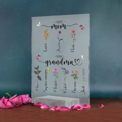 First Mom Now Grandma Custom Birth Flower Acrylic Plaque Home Decor For Mom Grandma Gift Ideas